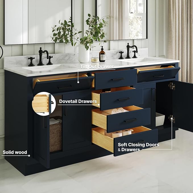 ARIEL Hepburn 72-inch Bathroom Vanity with Sink,Solid Wood, 0.75-inch Italian Carrara Marble Countertop, Double Rectangular Porcelain Sink, 4 Soft Closing Doors, 6 Dovetail Drawers, Midnight Blue