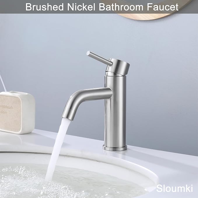 Bathroom Faucet Brushed Nickel Modern Bathroom Sink Faucet with Single Handle Suitable for 1 or 3 Holes, Supply Deck Plate and Hose
