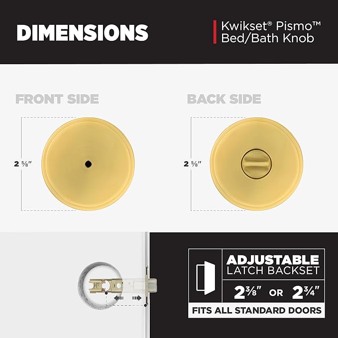 Kwikset Pismo Interior Privacy Door Knob with Lock, Door Handle for Bathroom and Bedroom, Satin Brass, Round, Keyless Turn Lock Doorknob, Microban Protection