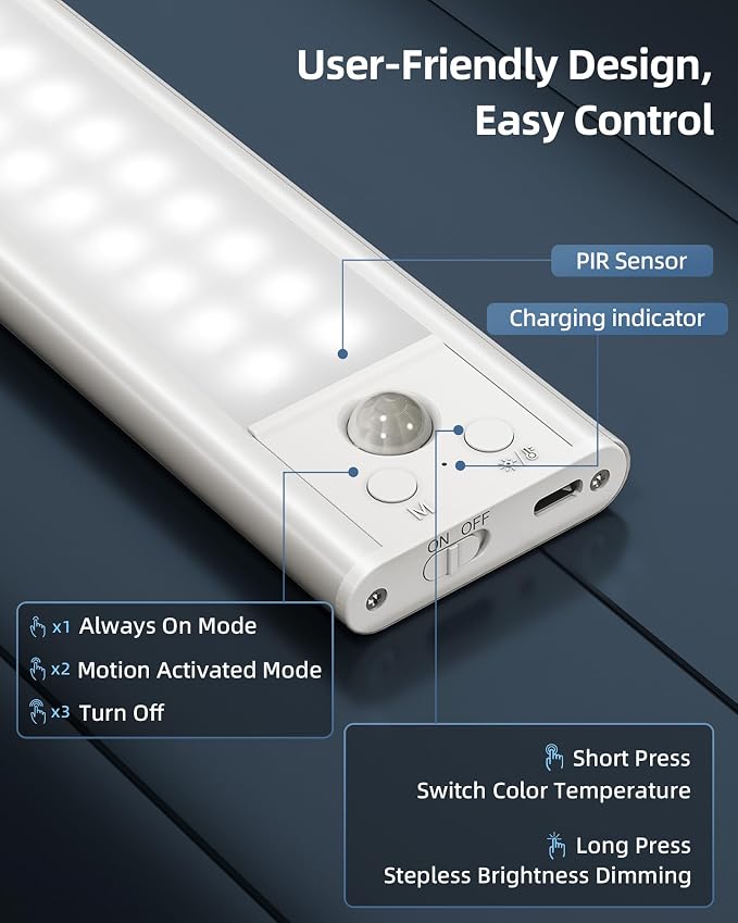 17" Under Cabinet Lights, Motion Sensor Light, Wireless Closet Lights, 4000mAh Rechargeable, Magnetic, 5 Levels Dimmable, 62 LEDs Super Bright Under Counter Lights for Kitchen (2 Pack)