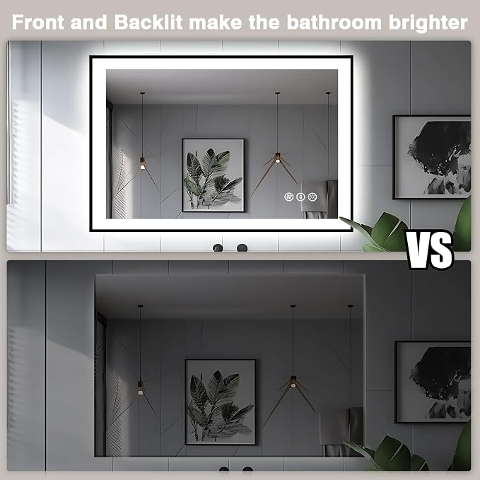 EchosLife 44x32 Bathroom Mirror with LED Lights - Black Framed | Black Frame, Front and Backlit, Anti-Fog, Stepless Dimmable, 3 Colors, Memory, Tempered Glass, UL Listed, Horizontal/Vertical
