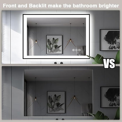 EchosLife 44x32 Bathroom Mirror with LED Lights - Black Framed | Black Frame, Front and Backlit, Anti-Fog, Stepless Dimmable, 3 Colors, Memory, Tempered Glass, UL Listed, Horizontal/Vertical