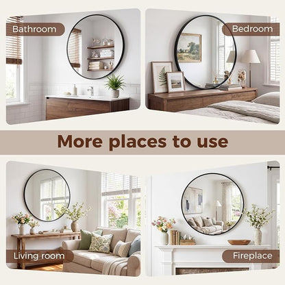 Sweetcrispy 20 Inch Round Wall Mirror, Bathroom Mirrors for Over Sink | Matte Metal Framed, Wall Decor for Bedroom, Entryway, Anti-Rust, Tempered Glass, Hanging or Leaning, Black