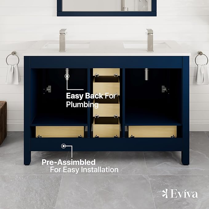 Eviva London 48 Inch Double Sink Vanity - Blue Double Vanity Sinks for Bathrooms - 48 Bathroom Vanity with Top and Sink - Freestanding 48 Vanity with Sink and Countertop Quartz - Porcelain Sink Combo