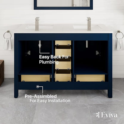 Eviva London 48 Inch Double Sink Vanity - Blue Double Vanity Sinks for Bathrooms - 48 Bathroom Vanity with Top and Sink - Freestanding 48 Vanity with Sink and Countertop Quartz - Porcelain Sink Combo