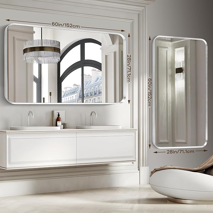 Silver Bathroom Mirror 28x60in, Metal Framed Rounded Rectangle | Tempered Glass, Shatter Proof, Anti-Rust Frame, Hangs Horizontal or Vertical
