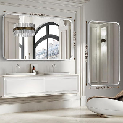Silver Bathroom Mirror 28x60in, Metal Framed Rounded Rectangle | Tempered Glass, Shatter Proof, Anti-Rust Frame, Hangs Horizontal or Vertical