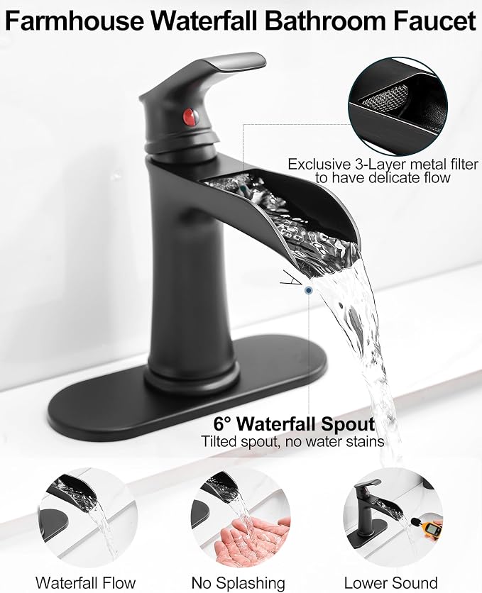 Bathroom Waterfall Faucet, Brass Matte Black Bathroom Faucet, One Handle Bathroom Faucets for Sink 1 Hole or 3 Holes, 4 Inch Bathroom Sink Faucet with Drain Deck Plate Supply Hoses for Lavatory