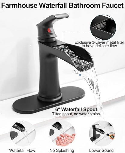 Bathroom Waterfall Faucet, Brass Matte Black Bathroom Faucet, One Handle Bathroom Faucets for Sink 1 Hole or 3 Holes, 4 Inch Bathroom Sink Faucet with Drain Deck Plate Supply Hoses for Lavatory