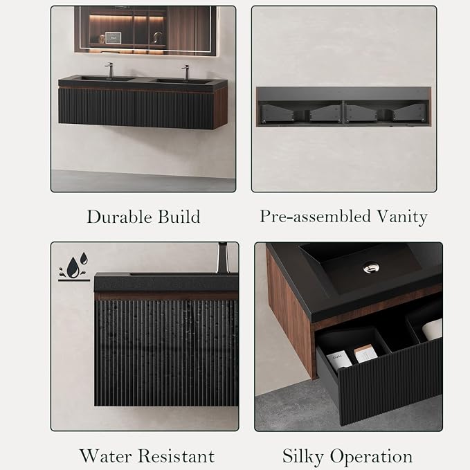 Floating Bathroom Vanity, 48" Wall Mounted Bathroom Cabinet with Matte Black Quartz Sand Sink, U-Shaped Soft-Close Drawer & Door, Pre-Assembled Striped Storage Vanity for Bathroom, Walnut&Black