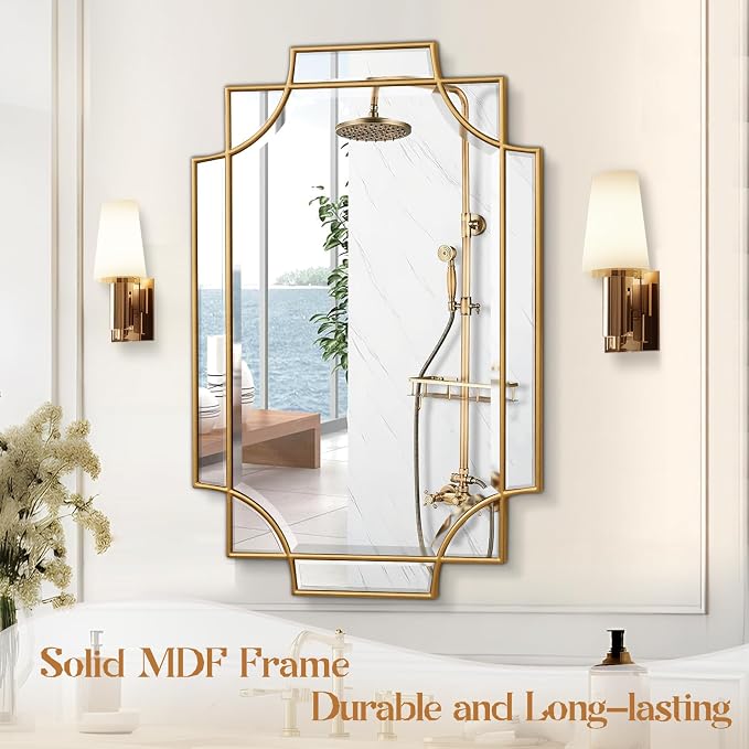 Gold Bathroom Mirror for Wall, 24"x36" Rectangle Vanity Mirror, Polished Beveled Modern Decorative Mirror for Entryway, Living Room, Bedroom (Horizontal/Vertical)