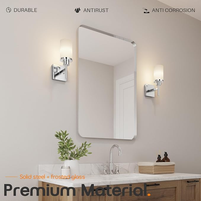 Vanity Lights Polished Chrome Bathroom Light Fixtures with White Frosted Glass Shade, Wall Sconce for Mirror Hallway Entrance Porch T001CH-L1