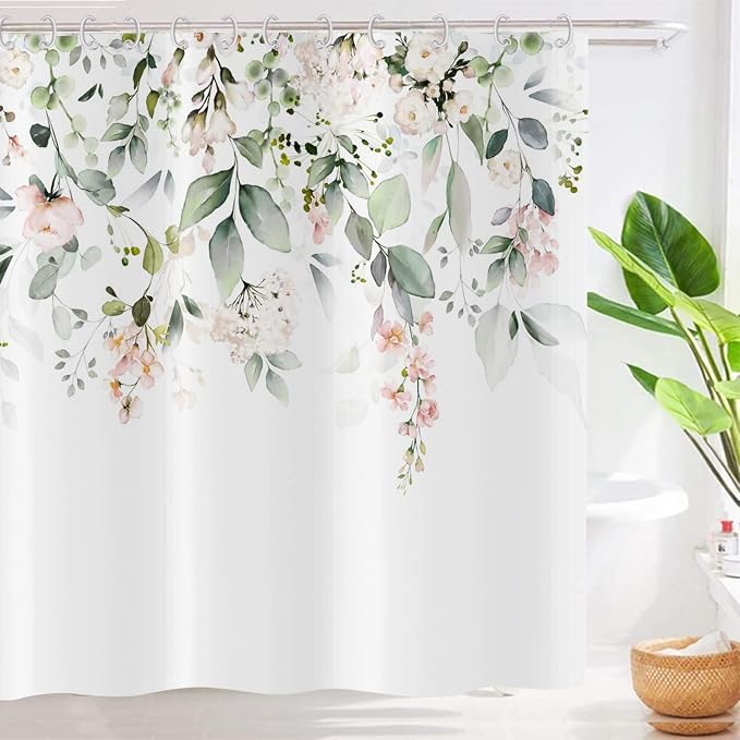 Spring Eucalyptus Shower Curtain, Sage Green Leaves Botanical Plants with Pink Flowers on The Top Fabric Bathroom Curtain Home Decor Waterproof Washable 12 Hooks 72.00'' x 65.00'' (GCI-8641)