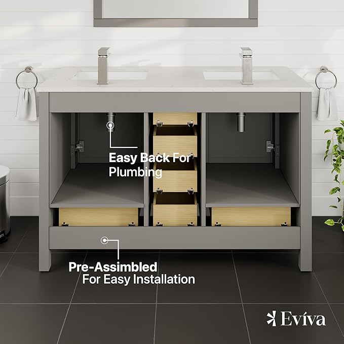 Eviva London 48 Inch Double Vanity - Grey Bathroom Vanity with Top and Sink - Undermount Porcelain Sink Combo - Quartz Countertop
