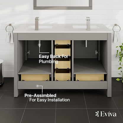Eviva London 48 Inch Double Vanity - Grey Bathroom Vanity with Top and Sink - Undermount Porcelain Sink Combo - Quartz Countertop