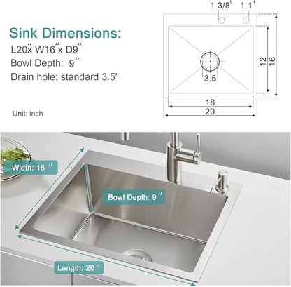 Brushed Topmount Kitchen Sink - 20”×16” Single Bowl Sink | 9 Inch Deep Handmade Bar Sink with Strainer, Stainless Steel 304, Center Drain, X-Groove Drainage, Sound-Dampening Pad