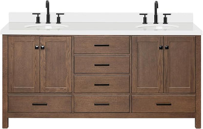 ARIEL Cambridge 72-inch Bathroom Vanity with Sink,Solid Wood, 1.5-inch Pure White Quartz Countertop & Backsplash, Double Oval Porcelain Sink, 4 Soft Closing Doors, 6 Dovetail Drawers, Brown Oak