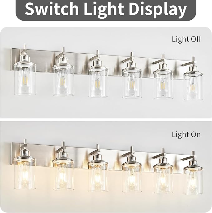 6-Light Brushed Nickel Bathroom Light Fixture Over Mirror Modern Bathroom Vanity Light Vintage Wall Lighting with Clear Glass Shade for Bathroom, Bedroom, Hallway, Cabinet