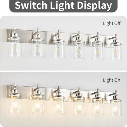 6-Light Brushed Nickel Bathroom Light Fixture Over Mirror Modern Bathroom Vanity Light Vintage Wall Lighting with Clear Glass Shade for Bathroom, Bedroom, Hallway, Cabinet