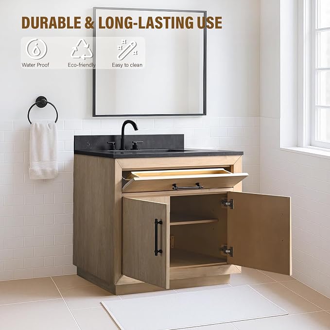 36 Inch Bathroom Vanity with Single Sink & Black Ceramic Top, MDF Material Vanity Cabinet with Basin Combo, Soft-Closing Doors, Removable Shelf, Backsplash