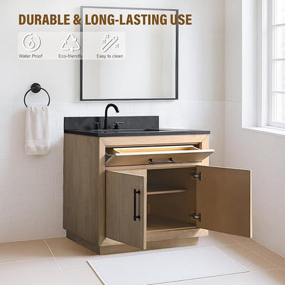 36 Inch Bathroom Vanity with Single Sink & Black Ceramic Top, MDF Material Vanity Cabinet with Basin Combo, Soft-Closing Doors, Removable Shelf, Backsplash