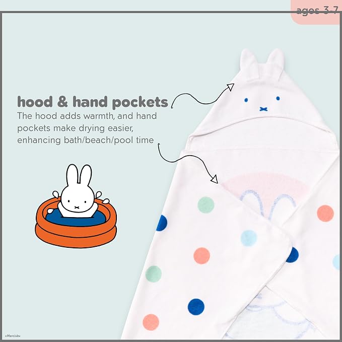 Miffy Kids Super Soft Bath/Pool/Beach Soft Cotton Terry Hooded Towel Wrap, 24 in x 50 in (Officially Licensed Product) By Franco