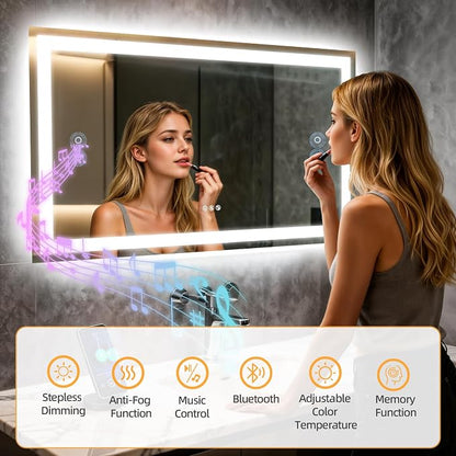 40"x28" LED Bathroom Mirror with Lights,Bluetooth Dual Speaker | Anti-Fog,3 Color Temperature,Dimmable Brightness,Memory Function,Waterproof,Wall Mount Design,Tempered Glass