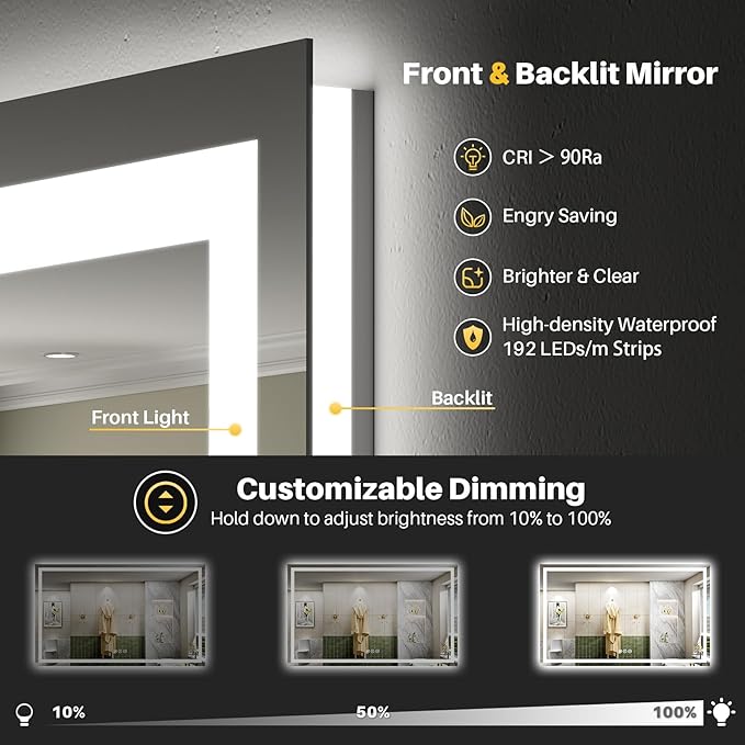 68x38 Inch LED Bathroom Mirror with Lights, Backlit & Front Lit, Anti-Fog Lighted Bathroom Vanity Mirror for Wall, Memory Function, Dimmable, HD Tempered Glass, Shatter-Proof