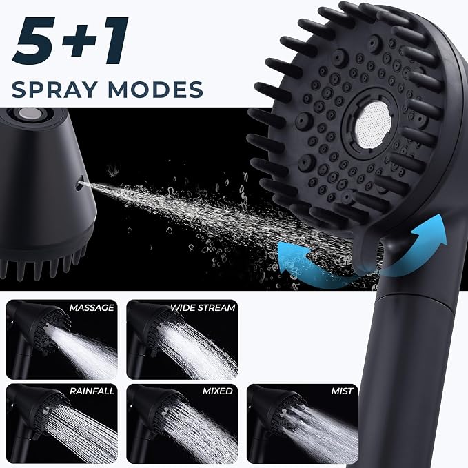 2026 Magnetic Filtered Shower Head with Handheld– High Pressure Showerhead with Power Wash Mode, Chlorine Removal, Massage Brush, Pressure Adjustable, One-Touch Pause (Matte Black)