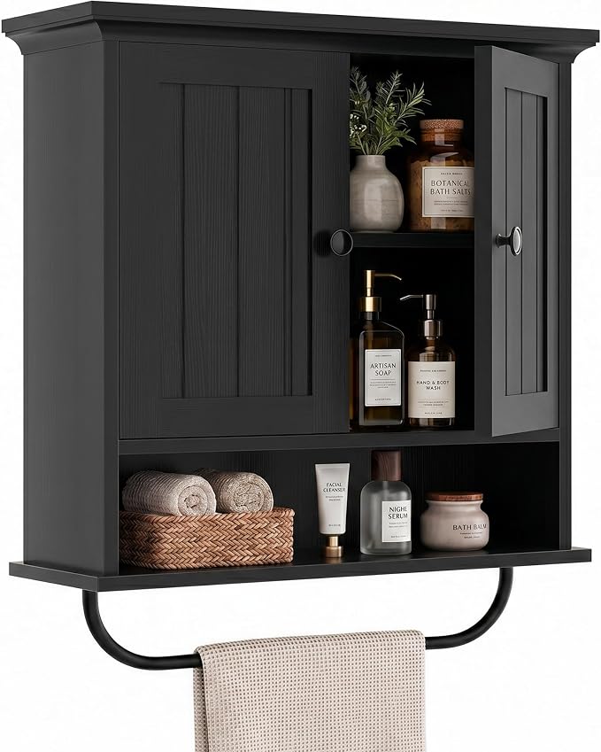 Besiost Farmhouse Bathroom Wall Medicine Cabinet with Removable Towel Bar | Over Toilet Storage Organizer, 7.9" Slim Profile, 100 Lbs Capacity, Adjustable Shelf, Soft Close Hinges Door, Black