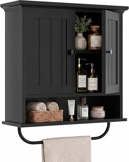 Besiost Farmhouse Bathroom Wall Medicine Cabinet with Removable Towel Bar | Over Toilet Storage Organizer, 7.9" Slim Profile, 100 Lbs Capacity, Adjustable Shelf, Soft Close Hinges Door, Black