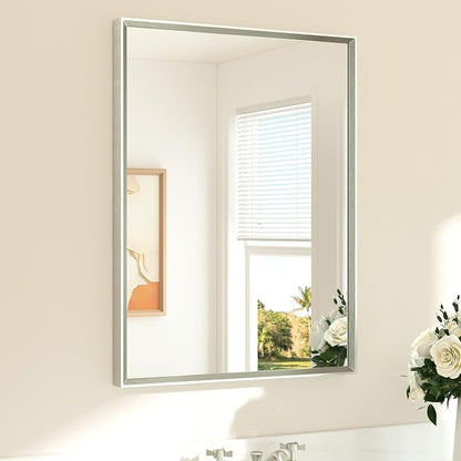 Brushed Nickel Mirror for Bathroom Sink 24" x 32" Beveled Frame Brushed Nickel Vanity Rectangle Mirror for Bathroom Wall, Modern Farmhouse, Tempered Glass, Shatterproof, Stronger Frame