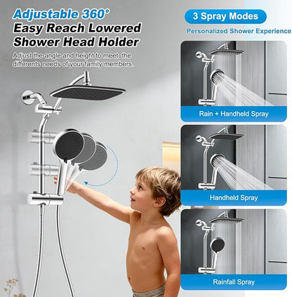 10" Rain Shower Head with Handheld/Extension Arm, Easy-Reach Holder, Chrome | High-Pressure Boosting Rainfall Showerhead with Metal Adjustable Extension Arm, 5-Spray Modes with Power Wash, Easy Install