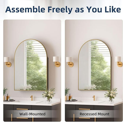 Medicine Cabinets for Bathroom, Gold Arched Medicine Cabinet Recessed or Surface Wall-Mounted,Modern Bathroom Vanity Mirror with Storage, Mirrored Cabinet with Adjustable Shelves,24x36 Inch