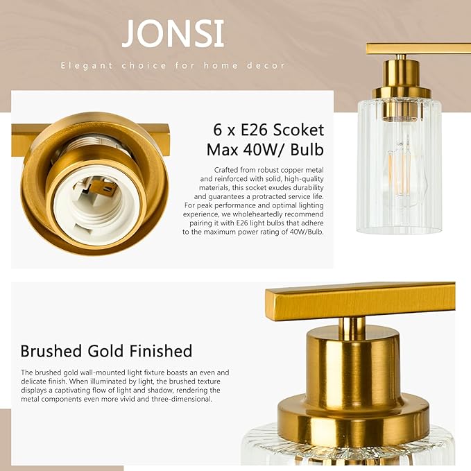 Jonsi Brushed Gold Bathroom Light Fixtures, 6-Light Brushed Gold Vanity Light, Bathroom Vanity Light with Stripe Glass Shade, E26 Wall Sconces Over Mirror for Bathroom, Living Room, Hallway