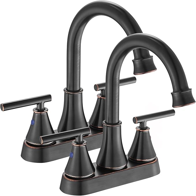 Bathroom Sink Faucet 4 Inch 2 Handle Centerset Oil Rubbed Bronze Lead-Free Modern Bathroom Faucet Vanity Faucet with Pop-up Drain Stopper and Supply Hoses(Set of 2)