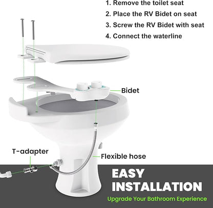 RV Bidet for Camper Toilet, Non-Electric Toilet Sprayer Attachment with Dual Nozzles, Adjustable Pressure, Front/Rear/Self Cleaning, Upgrade for Trailer, Motorhome, RV Bathroom (White Knob)