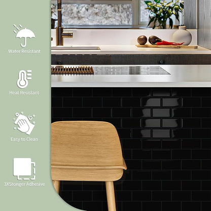 10-Sheet Thick Peel and Stick Kitchen Backsplash Tiles(Black,12.6"×10.6") | D Subway Waterproof Self-Adhesive Wall Tile Stick on Backsplash for Kitchen and Bathroom