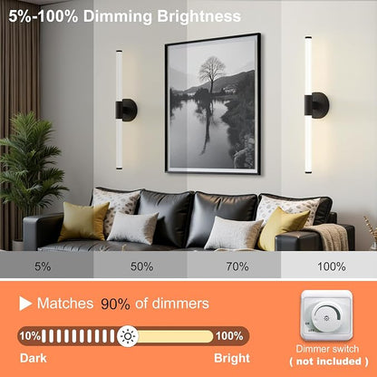 LED Bathroom Vanity Lights Black Modern Wall Sconce 24" | 360° Bright Lighting, Dimmable Vanity Light Bar, Hardwired Wall Lights 4000K Natural White for Mirror