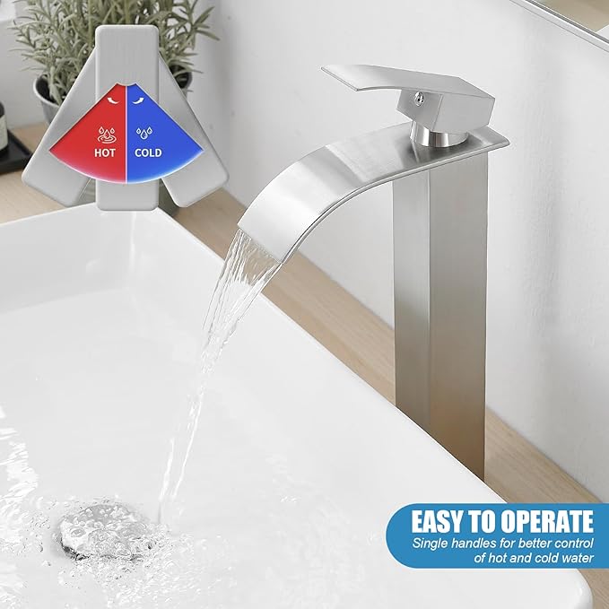 RUMOSE Tall Brushed Nickel Bathroom Faucet with Pop Up Drain Modern Single Handle One Hole Bathroom Vessel Sink Faucet Waterfall Spout Rv Lavatory Vanity Faucet Deck Mount Mixer Tap, Stainless Steel