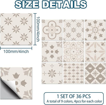 CHGCRAFT 36PCS Pastel Floral Tile Stickers Geometric Peel and Stick Wall Stickers Waterproof Self Adhesive Stick on Tile Decals for Kitchen Bathroom Wall Art Decor, 4x4 Inches