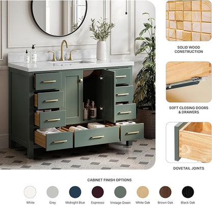 Beckford 48-inch Vintage Green Bathroom Vanity with Center Rectangle Single Sink, Italian Carrara Marble Countertop & Backsplash, Solid Wood Frame, Soft-Closing & Dovetail Drawers