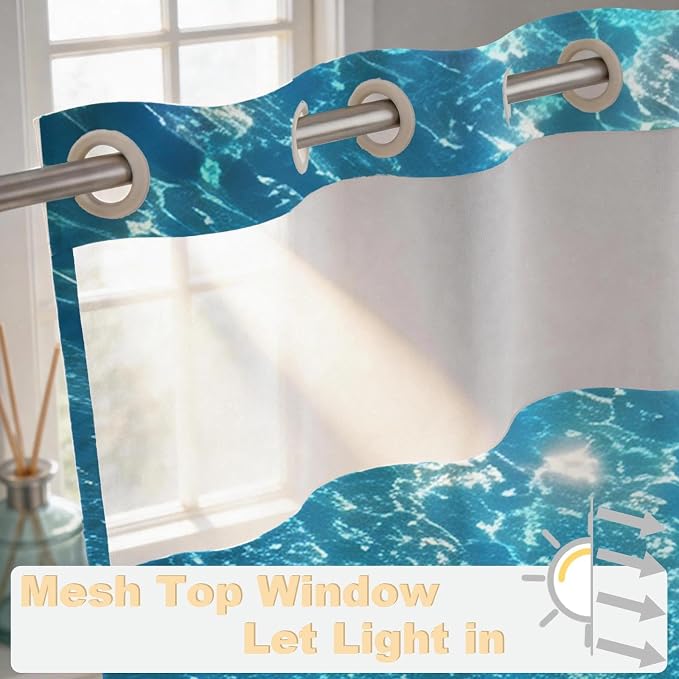 Modern Ocean Luxury No Hook Shower Curtain Nautical Tropical Aesthetic | Funky No Hook Shower Curtain with Snap in Liner, Waterproof Ringless Shower Curtains for Bathroom 72x74 Inch Blue