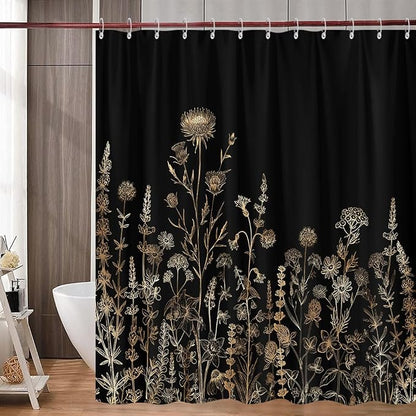 Vintage Black and Gold Boho Shower Curtain, Black and Tan Cream Floral Aesthetic Dark Wildflower Botanical Flowers Shower Curtain for Bathroom with Hook,Farmhouse Plant Art Chic Shower Curtain 72X72