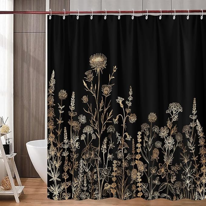 Vintage Black and Gold Boho Shower Curtain, Black and Tan Cream Floral Aesthetic Dark Wildflower Botanical Flowers Shower Curtain for Bathroom with Hook,Farmhouse Plant Art Chic Shower Curtain 72X84