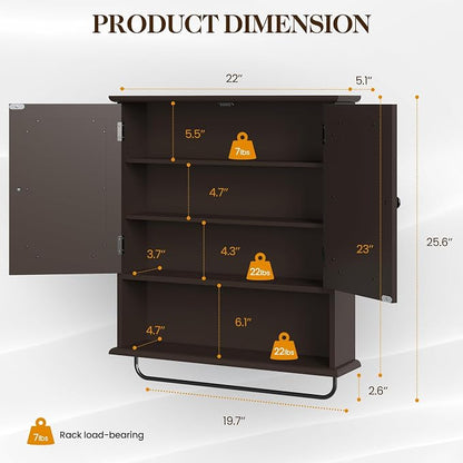 RoyalCraft 22x25 Bathroom Medicine Cabinet with Mirror, Large Wood Wall Mounted Storage Cabinet with Shelves and Towel Bar, Over The Toilet Storage Cabinet for Bathroom, Laundry, Living Room, Brown