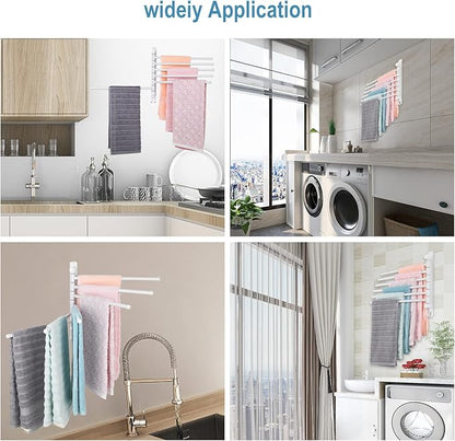 6-Arm Stainless Steel Swivel Towel Rack with Hook: Wall-Mounted, Rustproof Space-Saver for Bathroom & Kitchen-180° Rotation, 14kg Capacity(White)