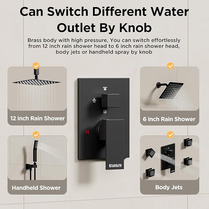 Shower Systems with Body Jets, STARBATH 4 Way 12+6" Rainfall Shower Head with Handheld Spray Combo, Ceiling Mounted Shower Jets System in Wall Shower Faucet Sets Complete, Matte Black