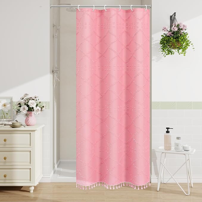 Stall Pink Boho Woven Fabric Shower Curtain with Tassel 36 x 72, Bohemia Tufted Chevron Striped Chic Textured, Waterproof Cloth Small Curtain for Bathroom, Modern Farmhouse Minimalist