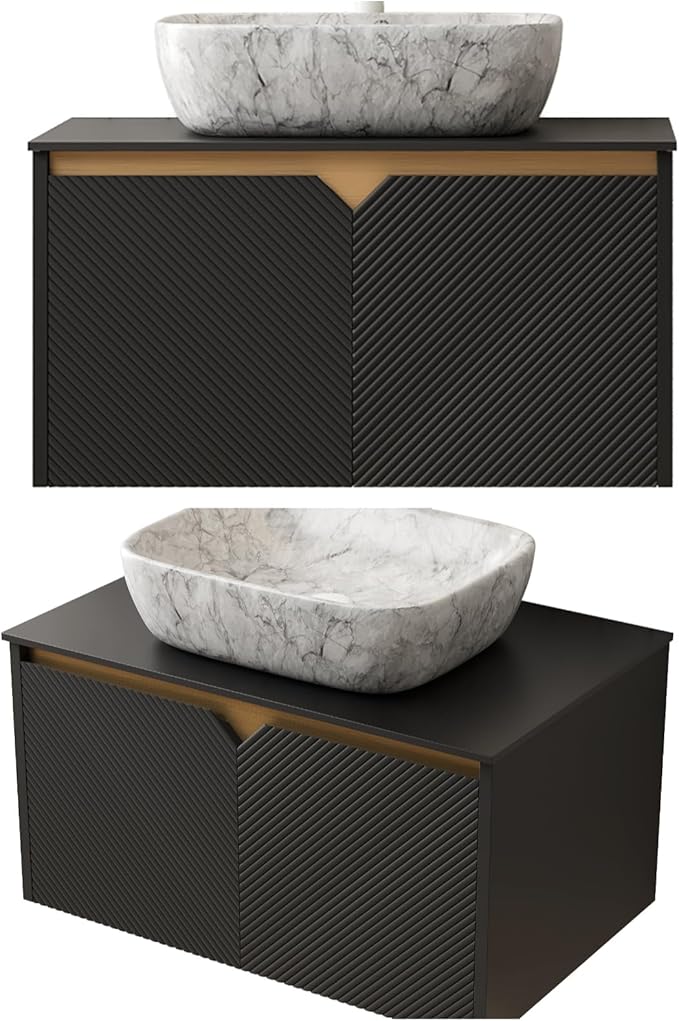 Floating Bathroom Vanity with Sink, 30" Bathroom Storage Cabinet with Sintered Stone Countertop & Marble-Pattern Ceramic Basin, Modern Wall-Mounted Vanity with 2 Twill Pattern Doors, Black